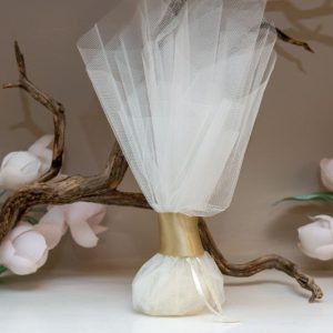 Ivory tulle wedding favor with mocha satin ribbon