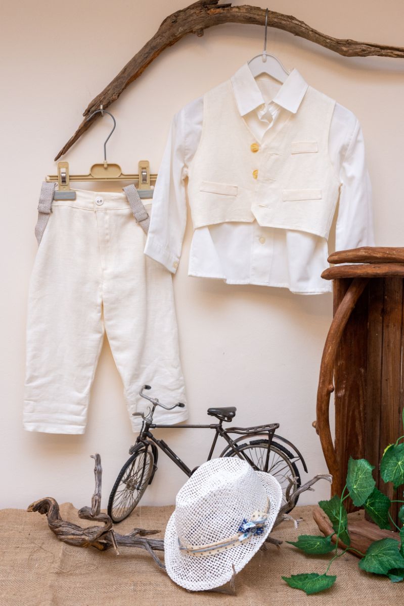 Elegant and modern christening set from off-white pants