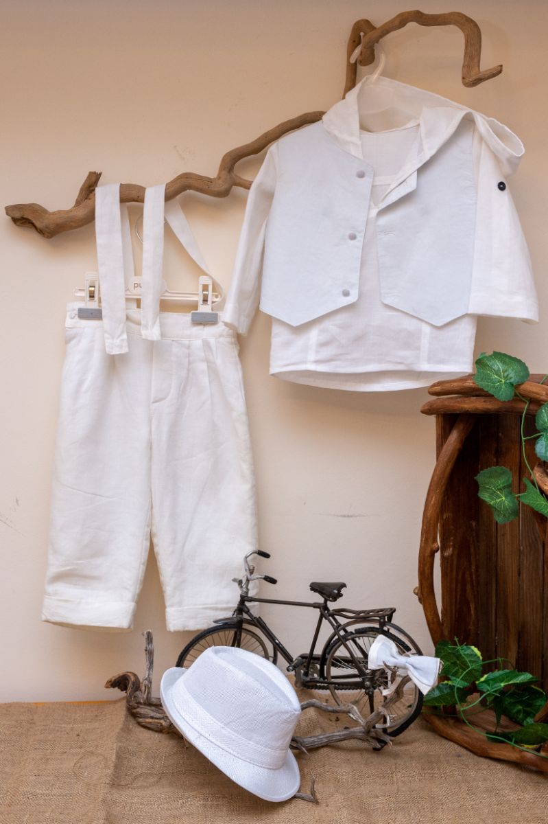 Elegant and modern christening set from 100% Linen (master of European linen) white pants